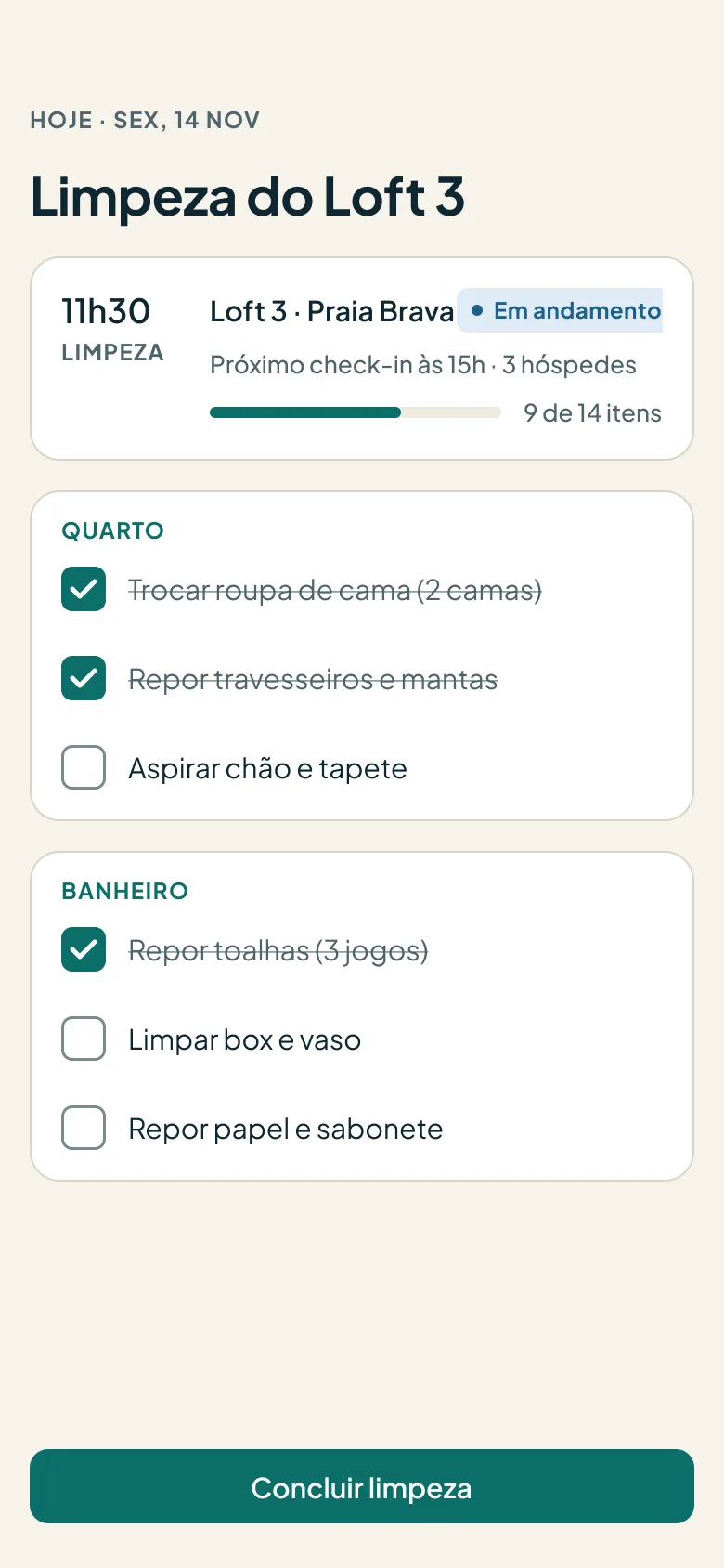 App da equipe com checklist de limpeza